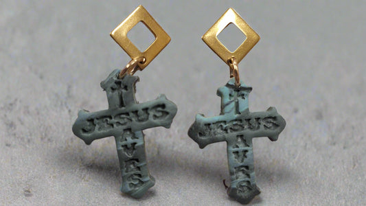 Marbled Teal and Black Cross With Gold Findings